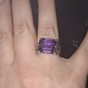 Vintage Emerald Cut Amethyst Sterling Silver Ring Size 8 Art Deco 🔮